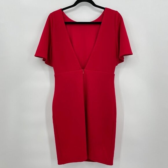 LULUS Red Short Flutter Sleeve Low Cut V Back Bodycon Mini Dress Size M - Picture 4 of 7